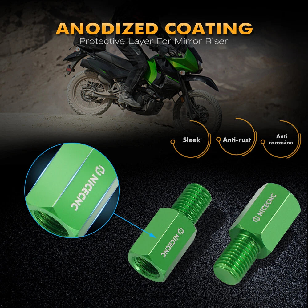 2x Motorcycle Mirror Extension Riser Brackets M10x1.25 for Kawasaki KLR650 (2008–2024)