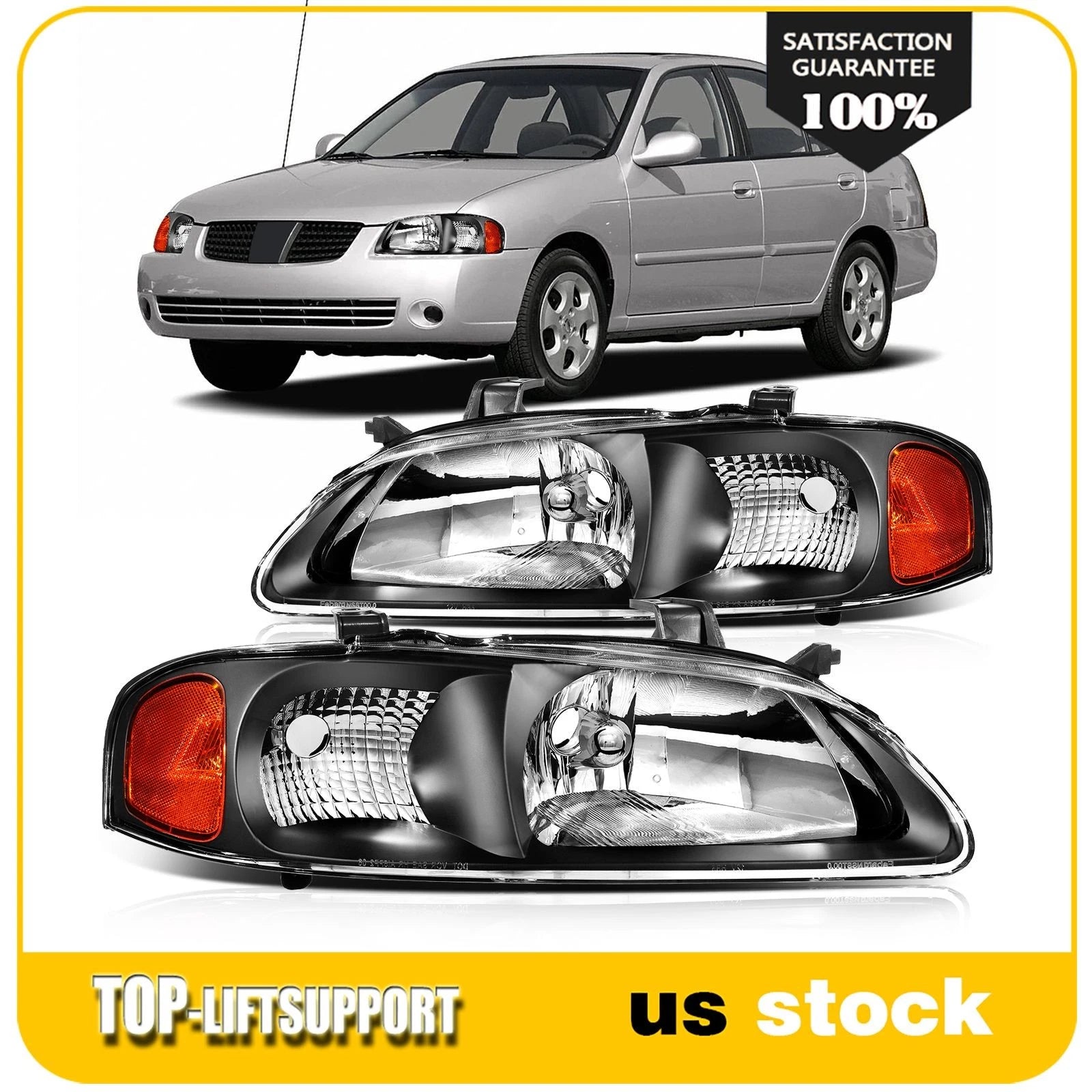 Set of 2 Black Headlights for Nissan Sentra (2000–2003) with Amber Corners