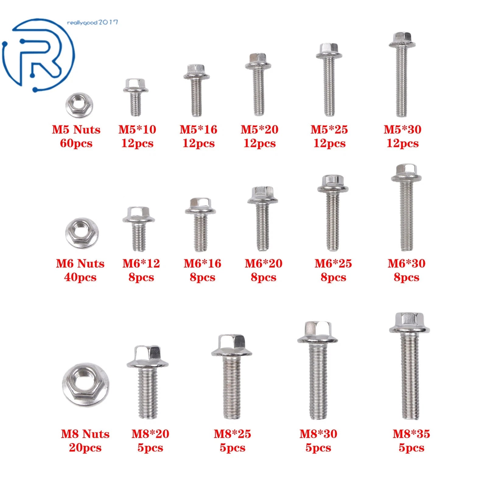 Flanged Bolts and Nuts Kit for Most Common Sizes (M5, M6, M8)