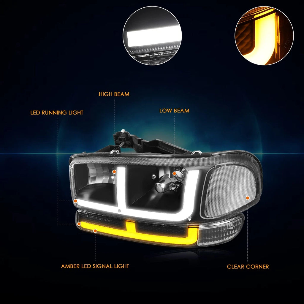 LED DRL Headlights for GMC Sierra/Yukon (1999–2007) Clear Lens/Black
