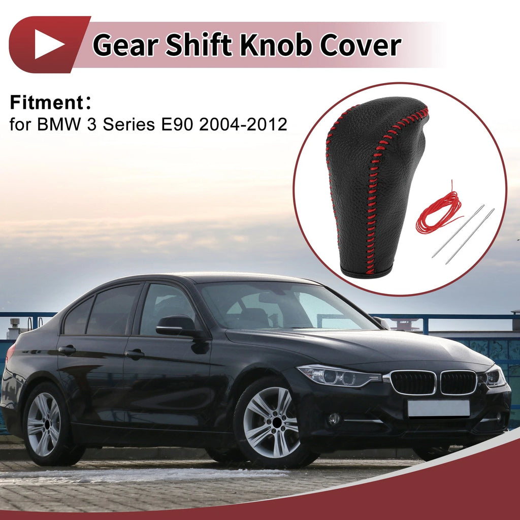1 Pc Gear Shift Knob Cover for BMW 3 Series E90 (2004–2012) Black Red Faux Leather