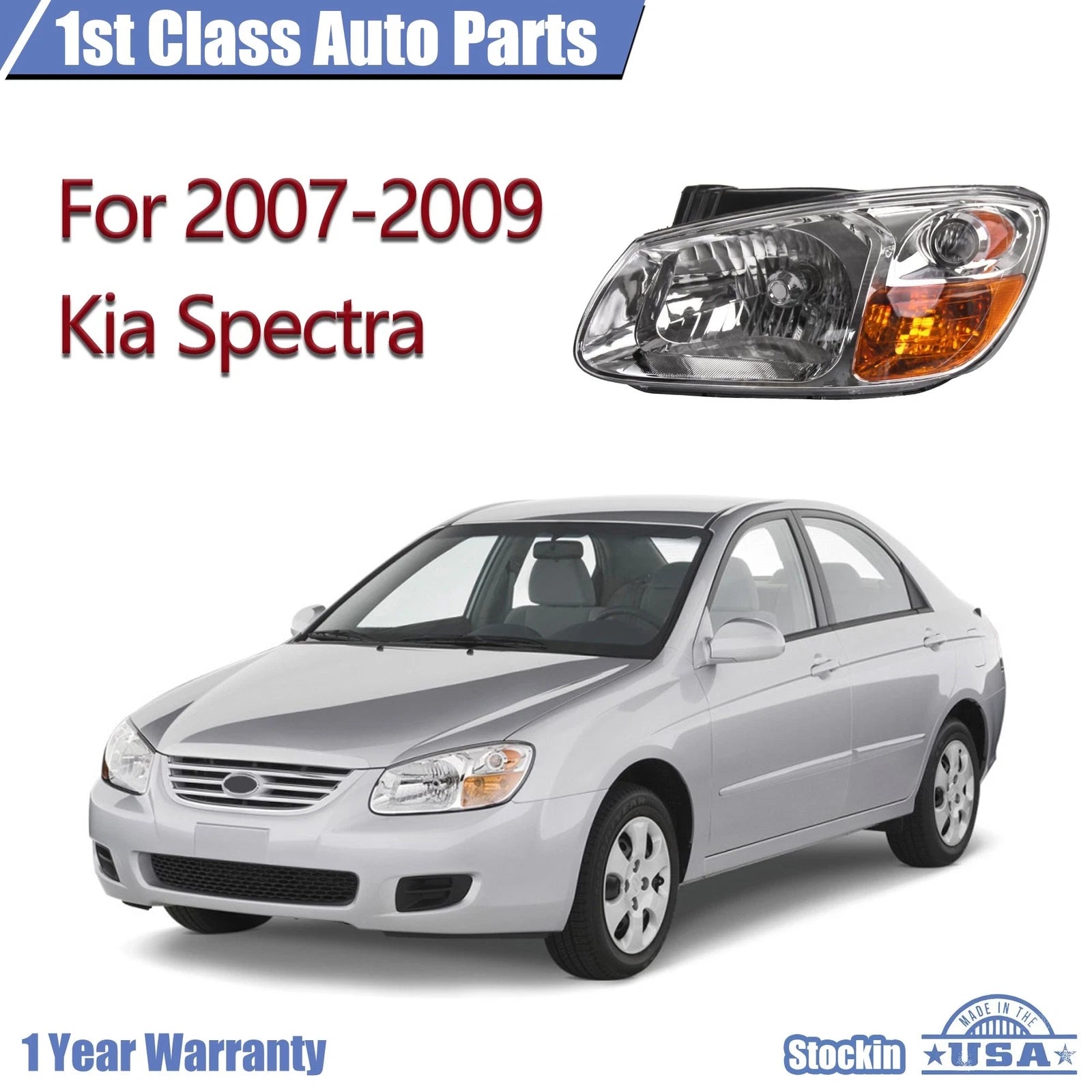 Headlight Assembly for Kia Spectra (2007-2009) Left Clear Lens Halogen