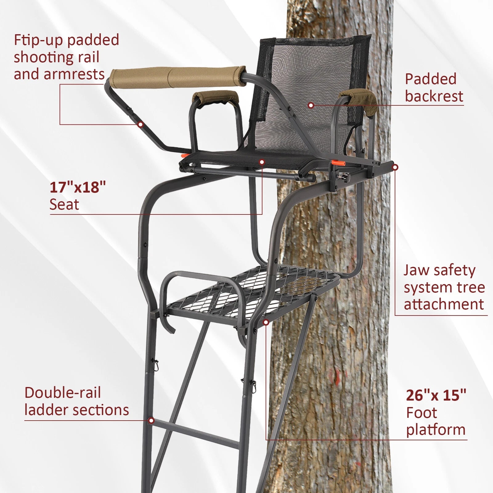 Hunting Ladder Tree Stand with Shooting Rail for Outdoor Use (15.5')