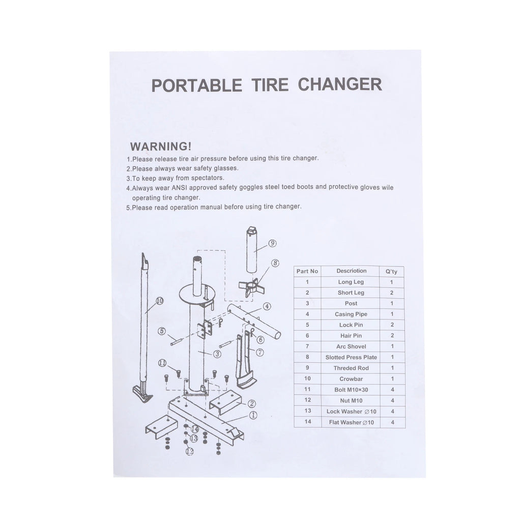 Manual Tire Changer for 8" to 16" Wheels (Portable)