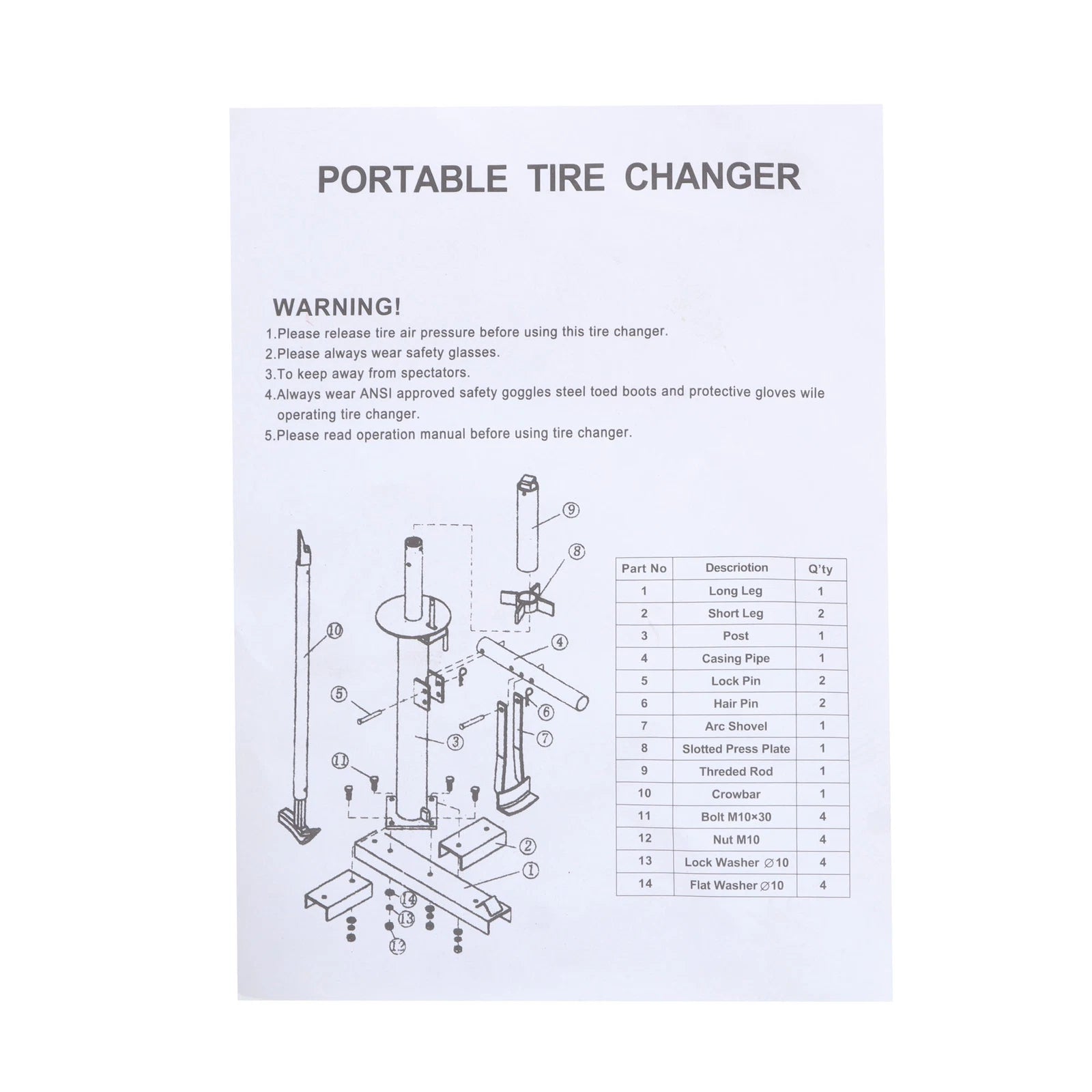 Manual Tire Changer for 8" to 16" Wheels (Portable)