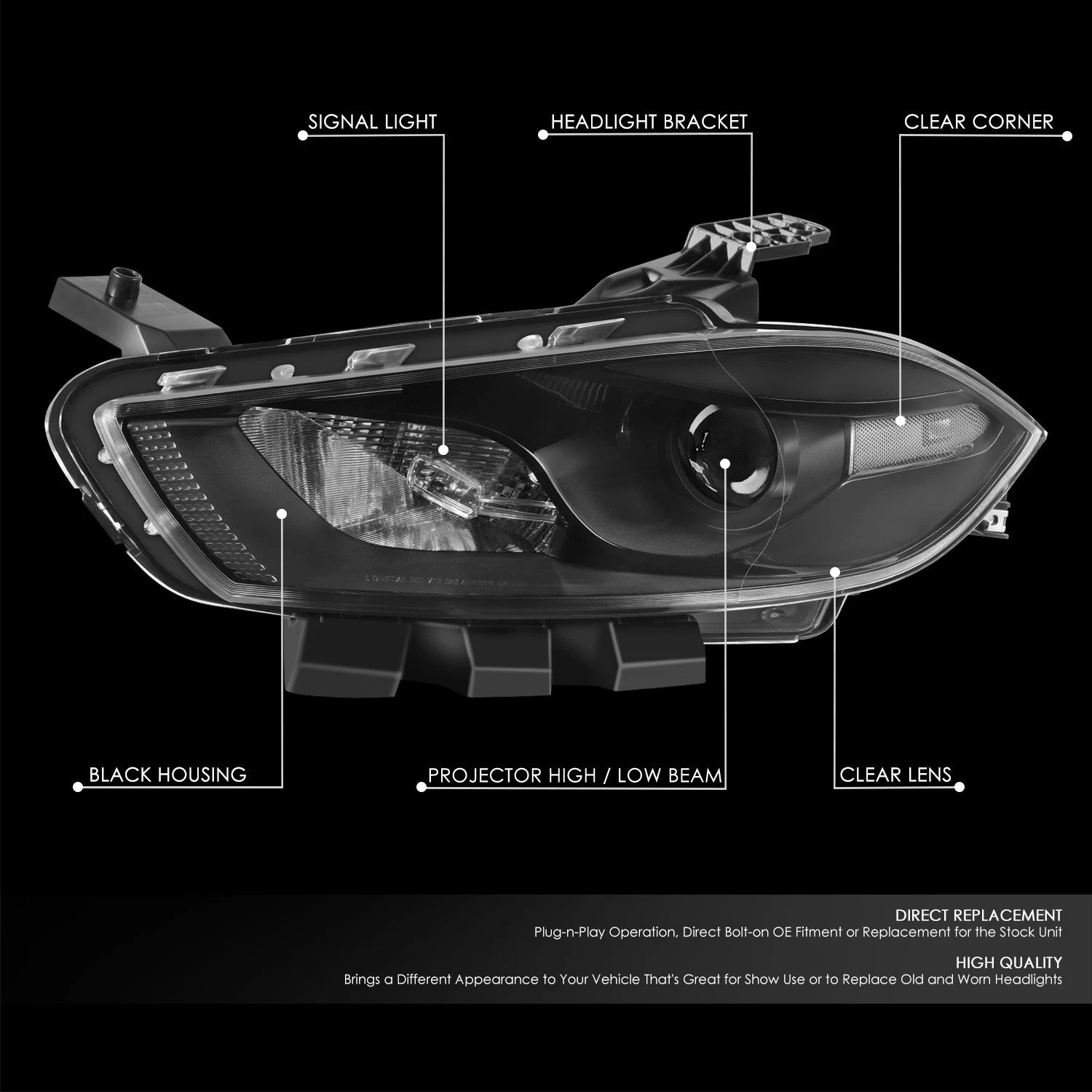 Headlights for Dodge Dart (2013–2016) Black Housing Clear Lens