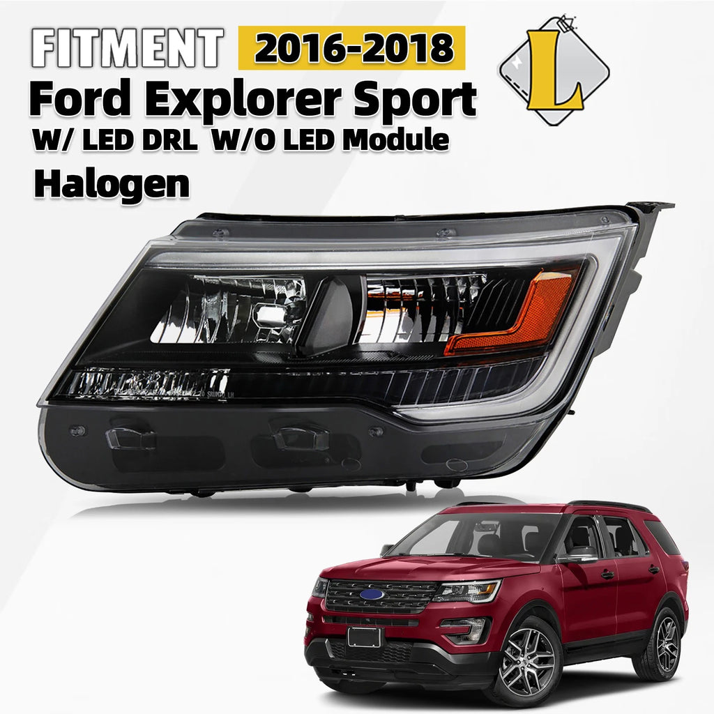 Halogen Headlight w/ DRL Black Bezel for Ford Explorer (2016–2018) Left Side