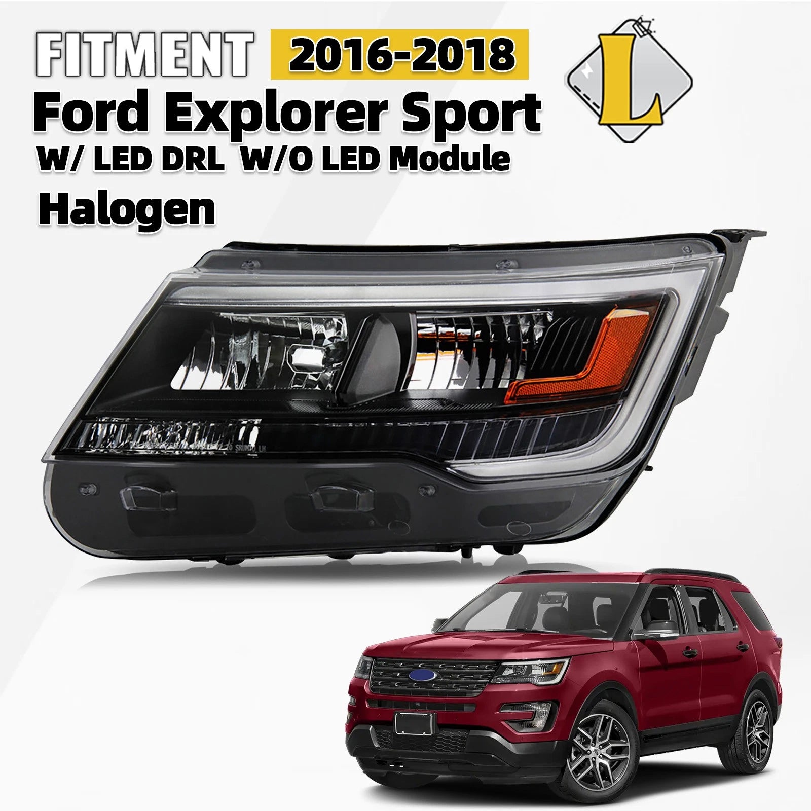 Halogen Headlight w/ DRL Black Bezel for Ford Explorer (2016–2018) Left Side