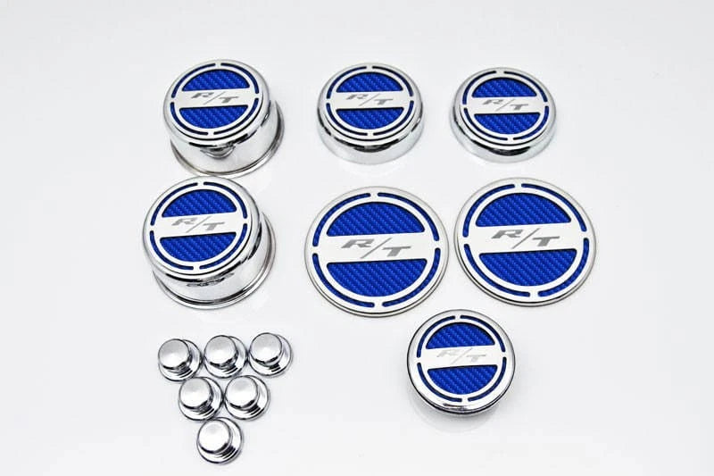 13pc "R/T" Fluid Cap Covers w/Blue Carbon Fiber Vinyl Inlay for 08-19 Challenger