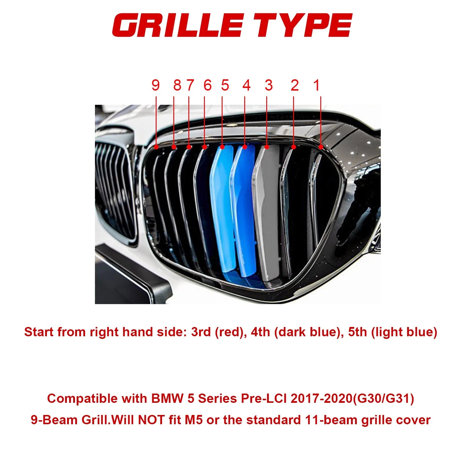 9-Beam M-Colored Strips Kidney Grille Insert for BMW 5 Series (2017-2020)