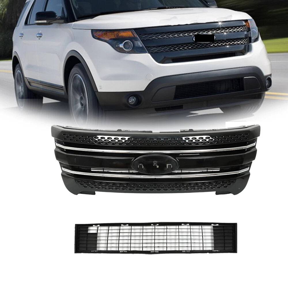 2X Front Upper Grille + Bumper Grille Glossy Black for Ford Explorer (2011–2015)