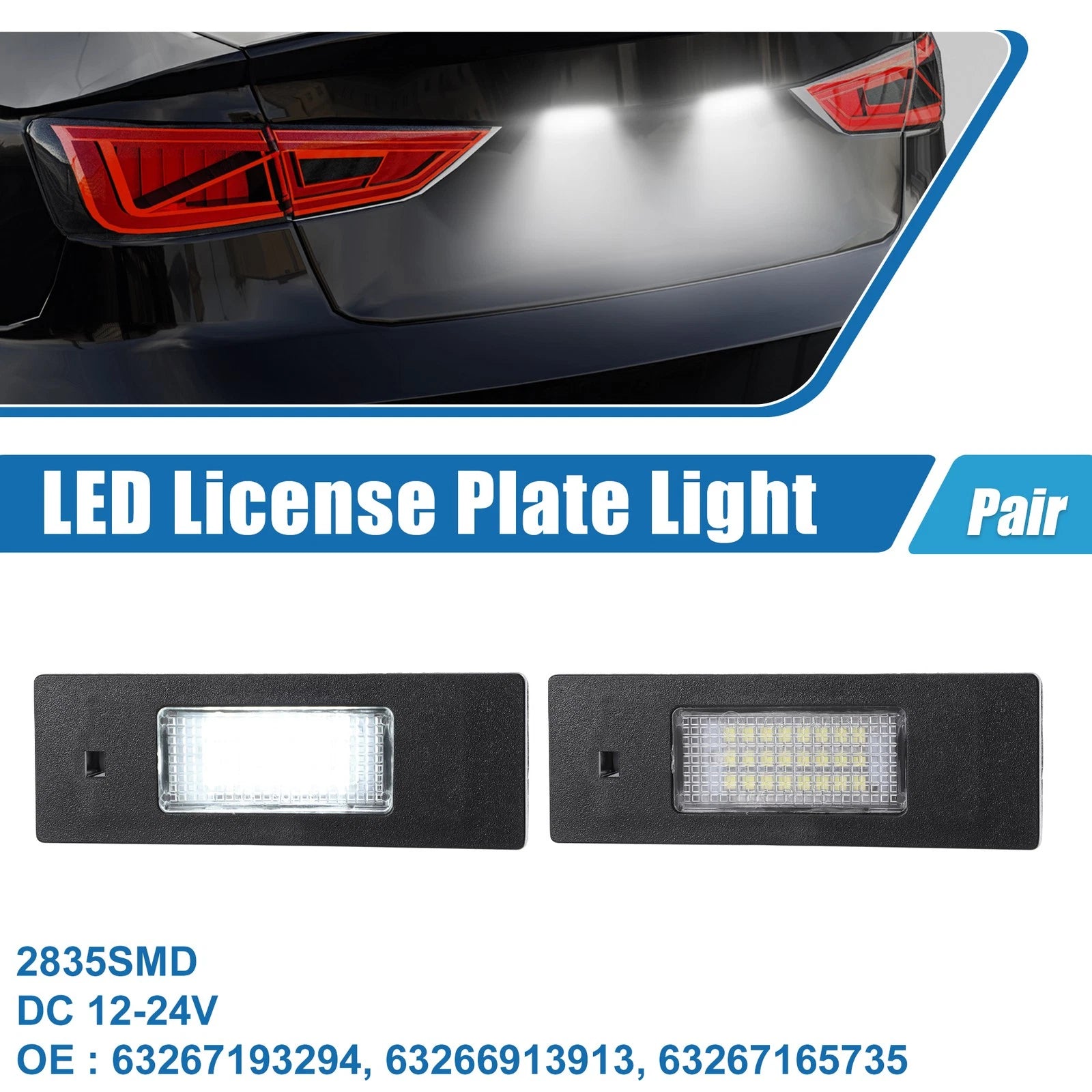 1 Pair White LED License Plate Light Assembly 63267193294 2835SMD for BMW 