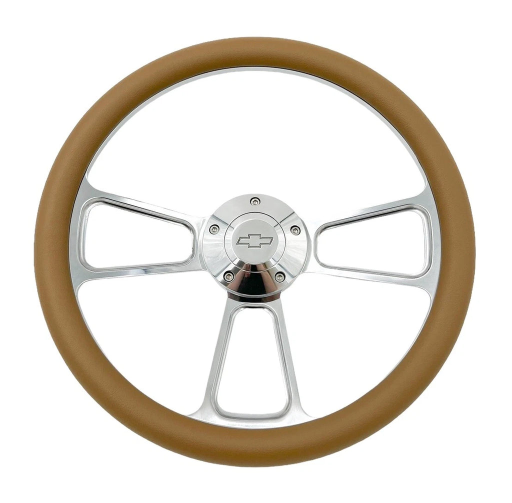 Billet Steering Wheel with Tan Wrap and Chevy Bowtie Horn for 14 Inch