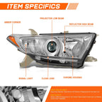 Right Side Chrome/Amber Projector Headlight Lamp for Toyota Highlander (2011–2013)