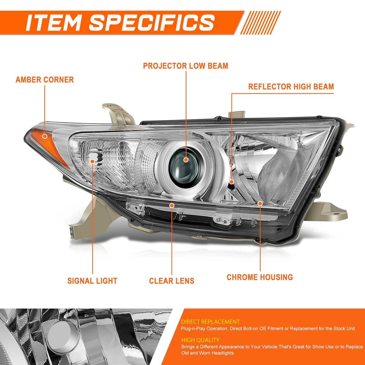 Right Side Chrome/Amber Projector Headlight Lamp for Toyota Highlander (2011–2013)