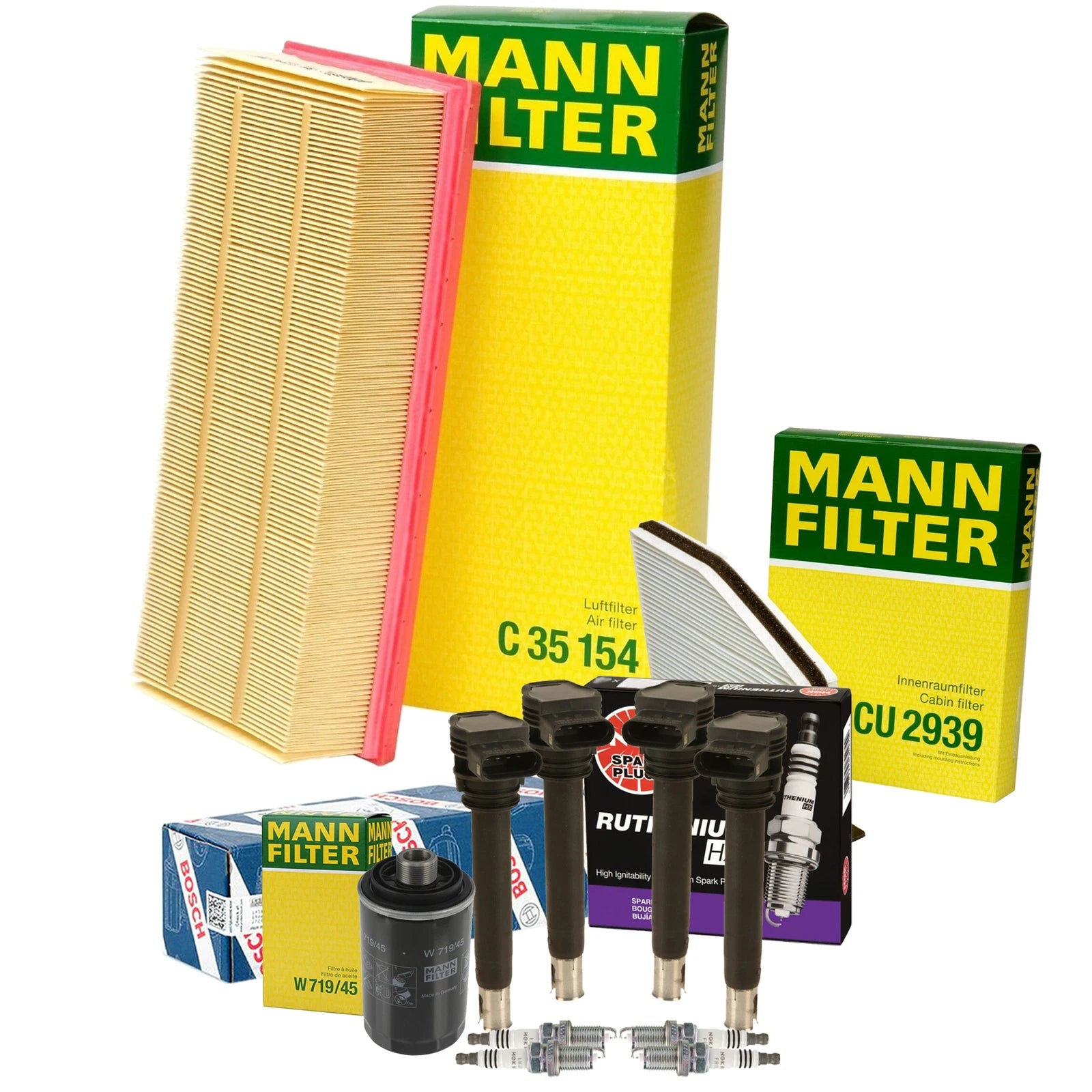 Set of 4 Mann Filters & 4 NGK Ruthenium HX Spark Plugs for Audi VW