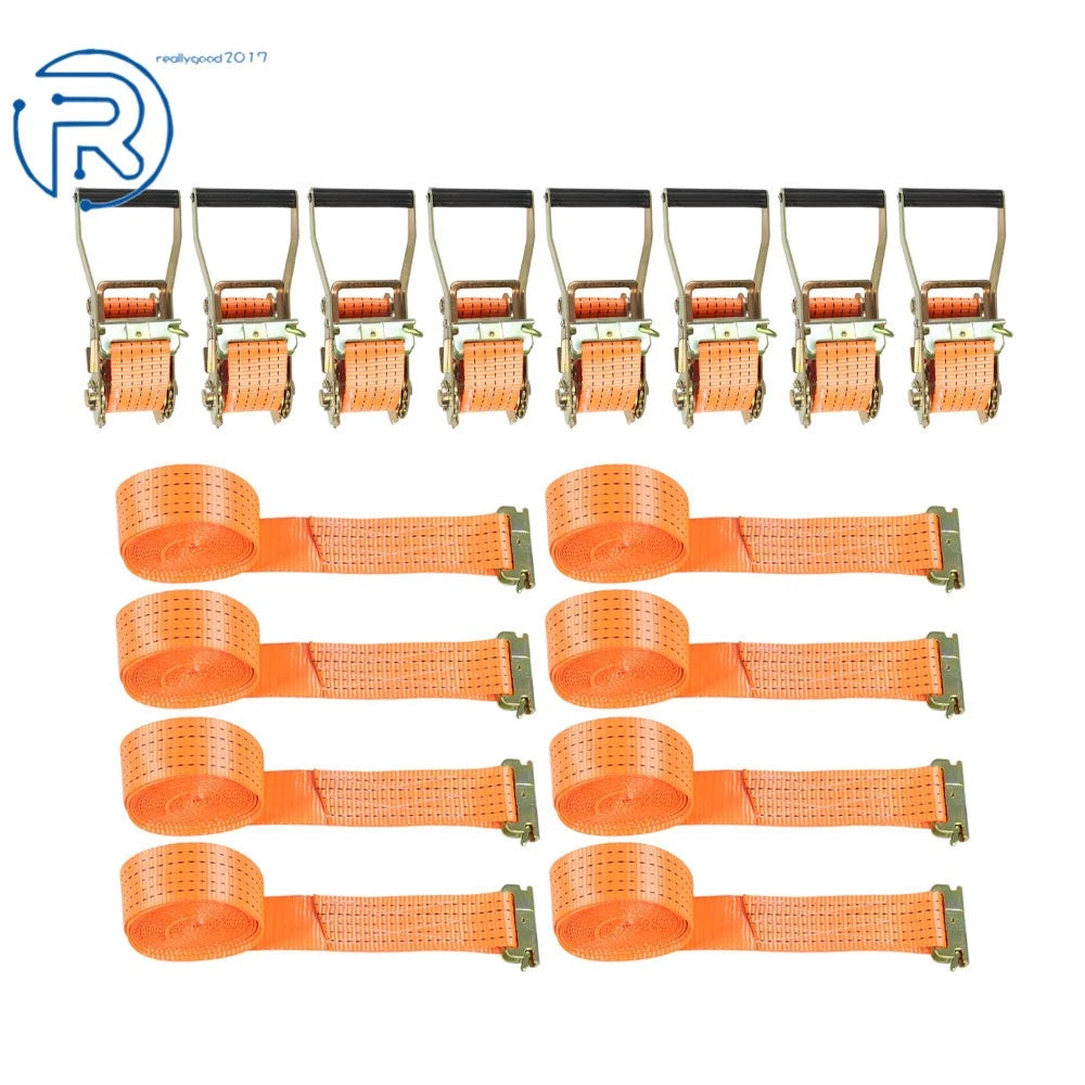 Set of 8 E-Track Heavy Duty Ratchet Straps 2"×15' 4400LB Tie Down
