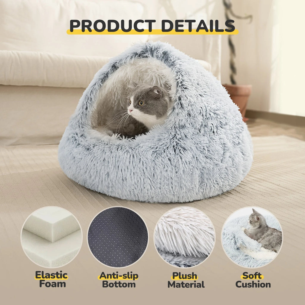 Cozy Cat Pod Plush Hooded Cat Bed Cave Self Warming Non-Slip Bottom Gray