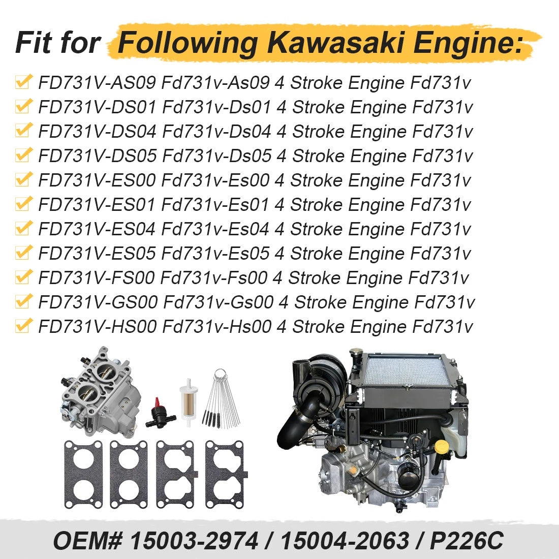 Carburetor & Gaskets for Kawasaki FD731V (15003-2974, 15004-2063)