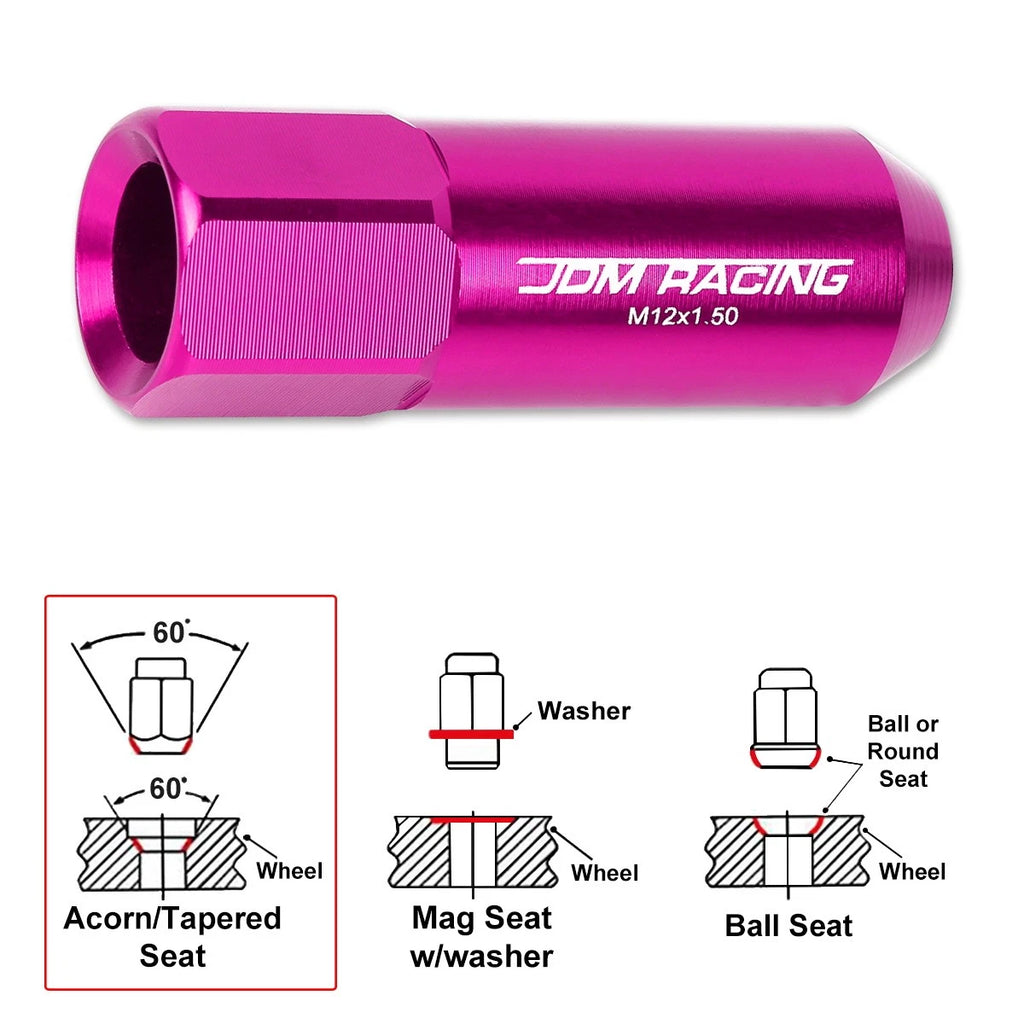 Set of 20 Pink Open-End Aluminum Wheel Lug Nuts M12X1.5 20mm OD 60mm Tall