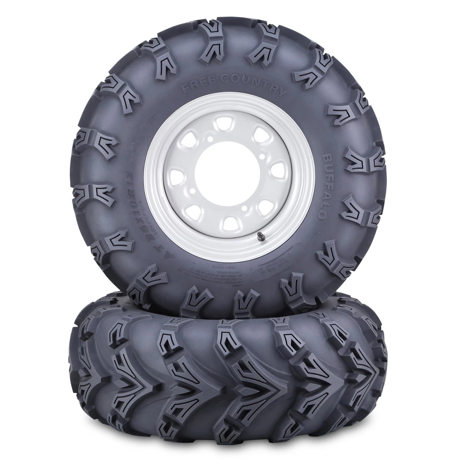 Set of 4 ATV Tires 25X10R12 8PR Radial for Free Country Buffalo 4x156 4+3 Silver Wheel