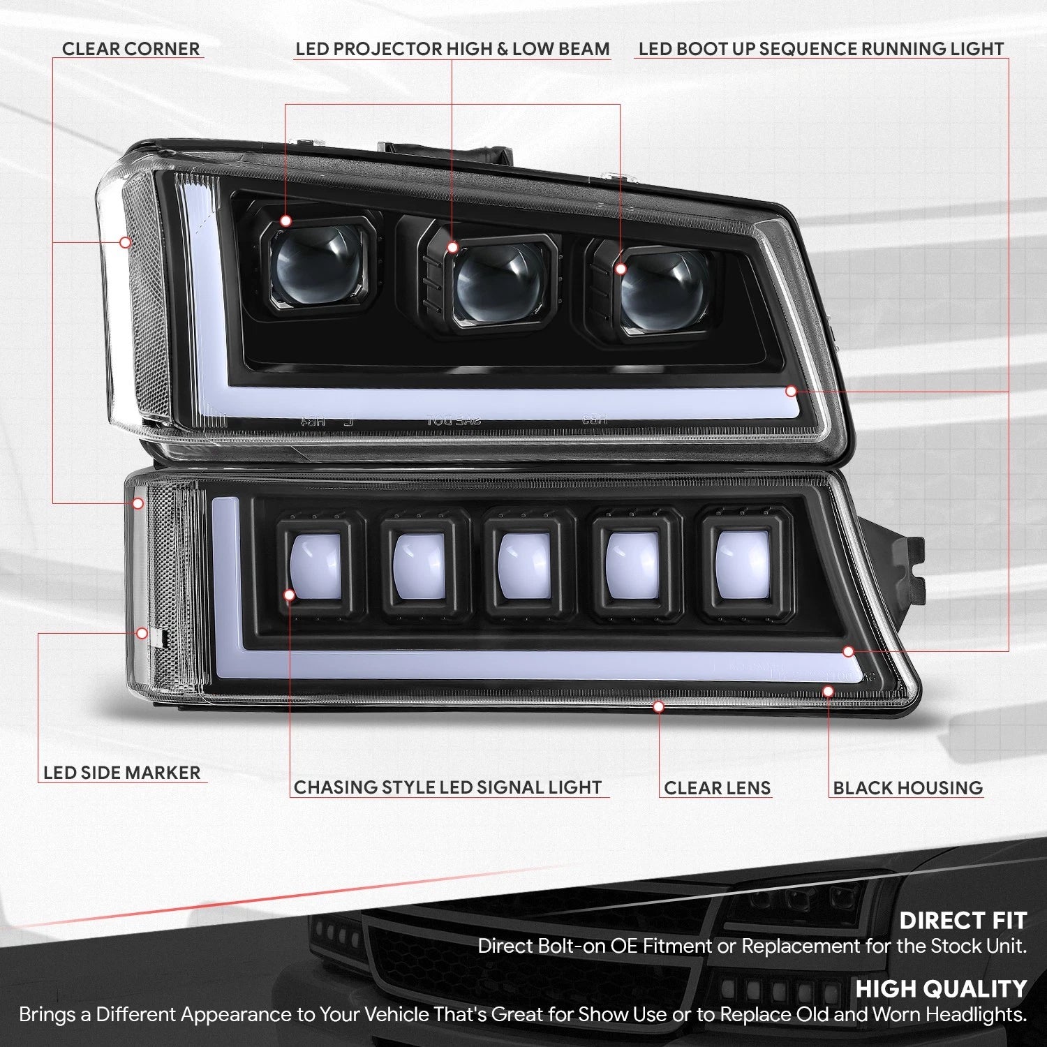 LED Black Clear Projector Sequential Headlights for Avalanche Silverado (2003–2007)