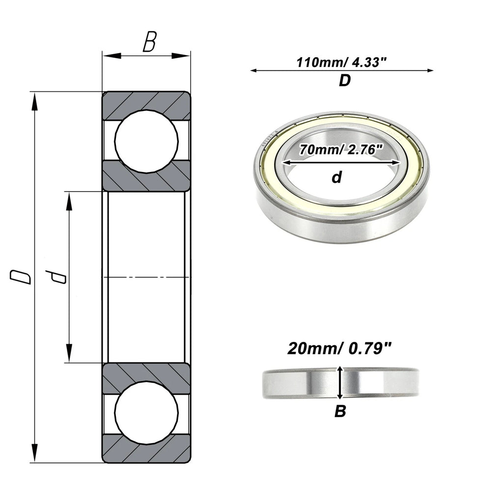 Deep Groove Ball Bearings 70x110x20mm for Scooter Skateboard (6014ZZ)