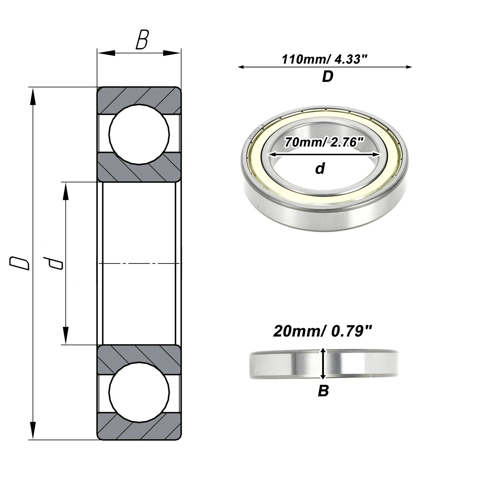 Deep Groove Ball Bearings 70x110x20mm for Scooter Skateboard (6014ZZ)