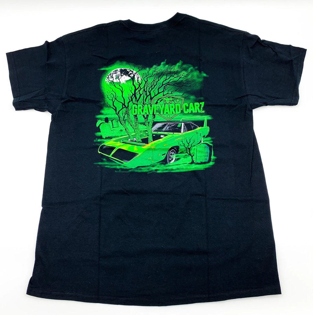 Licensed T Shirt for Plymouth Superbird Restored Black with Green (Road)