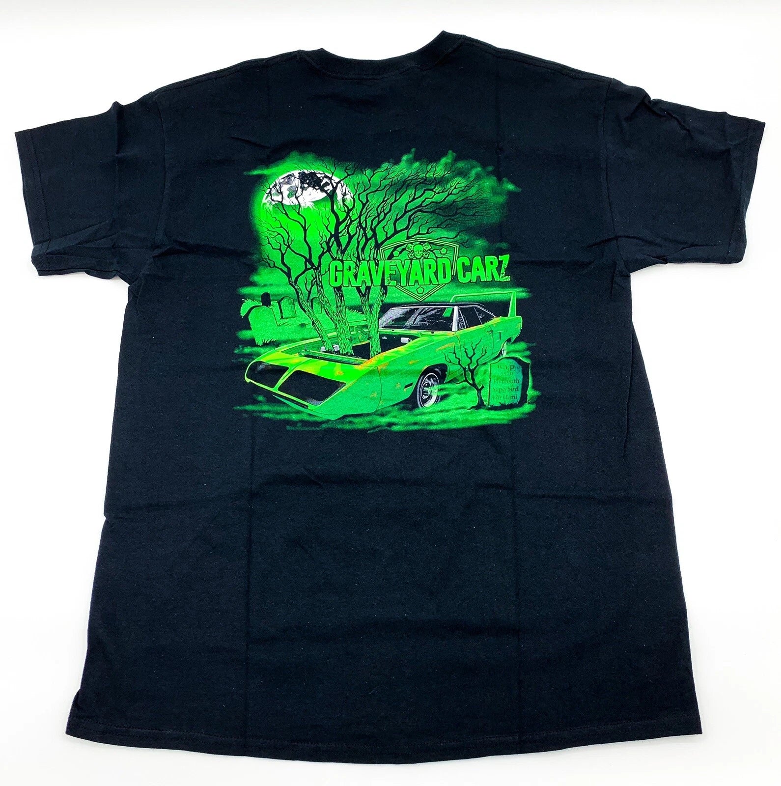 Licensed T Shirt for Plymouth Superbird Restored Black with Green (Road)