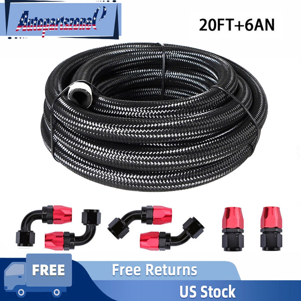 20FT Stainless Steel Braided Oil Fuel Hose Line AN6 Fitting for Universal