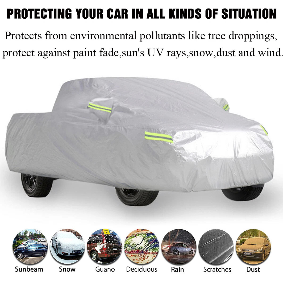 Pickup Truck Cover Waterproof Silver with Reflective Strip Universal