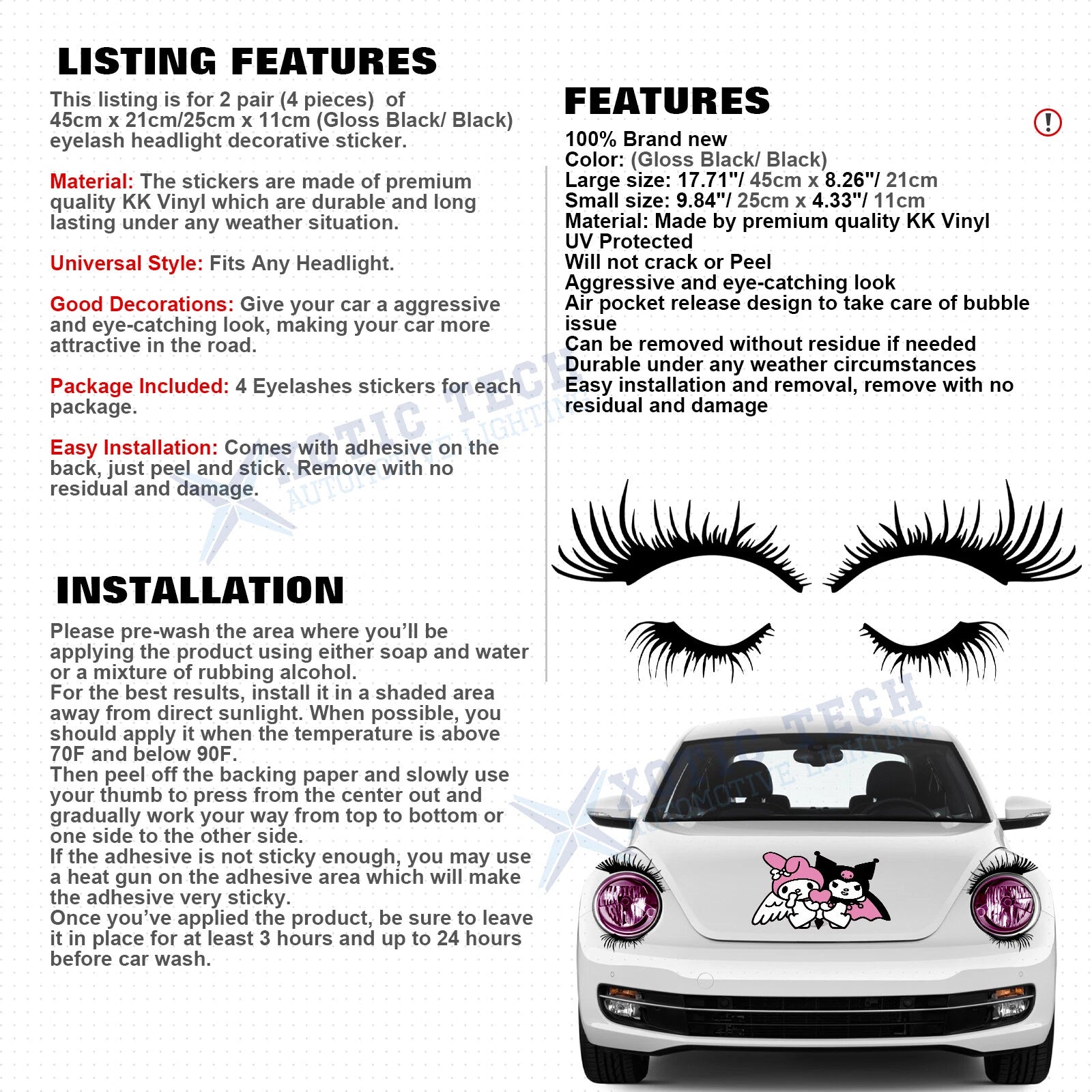 Black Eyelashes Decoration Decal for Pair Car Headlight Fog Light (2020-2026)