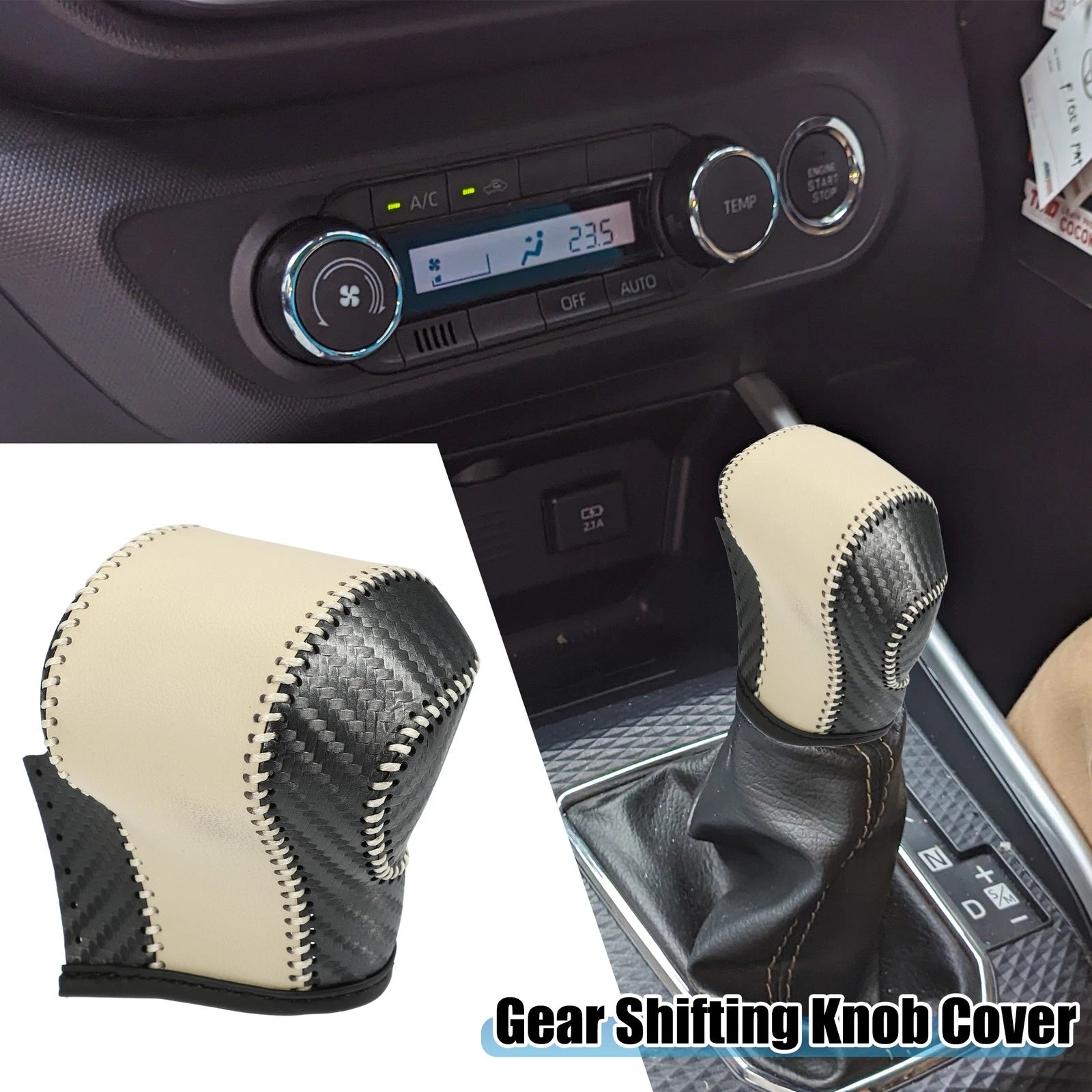 Gear Shifting Knob Cover Trim for Toyota (Carbon Fiber, Black Beige)