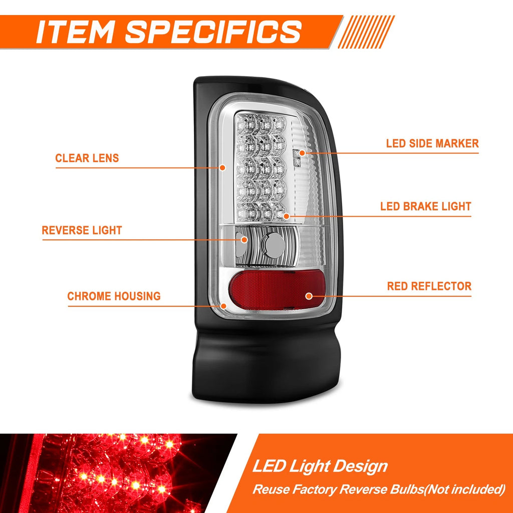 Set of 2 LED Tail Lights for Dodge Ram Pickup (1994–2002) Chrome