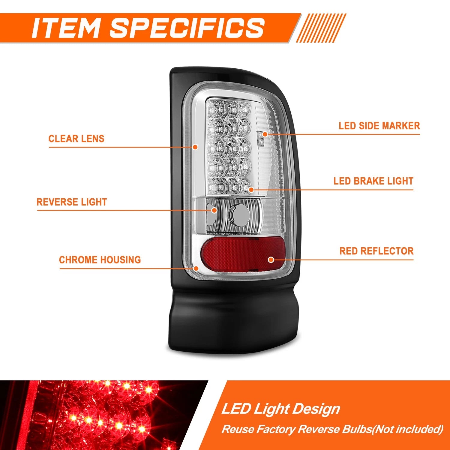 Set of 2 LED Tail Lights for Dodge Ram Pickup (1994–2002) Chrome
