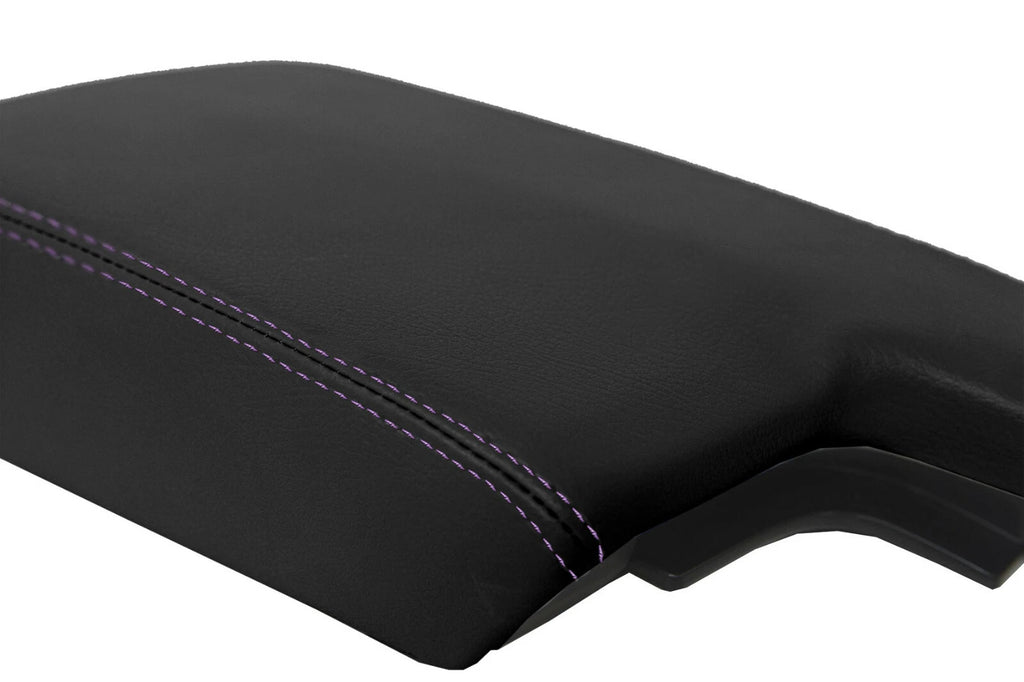 Leather Console Lid Armrest Cover for Subaru Crosstrek (2018–2020) Black Purple Stitch