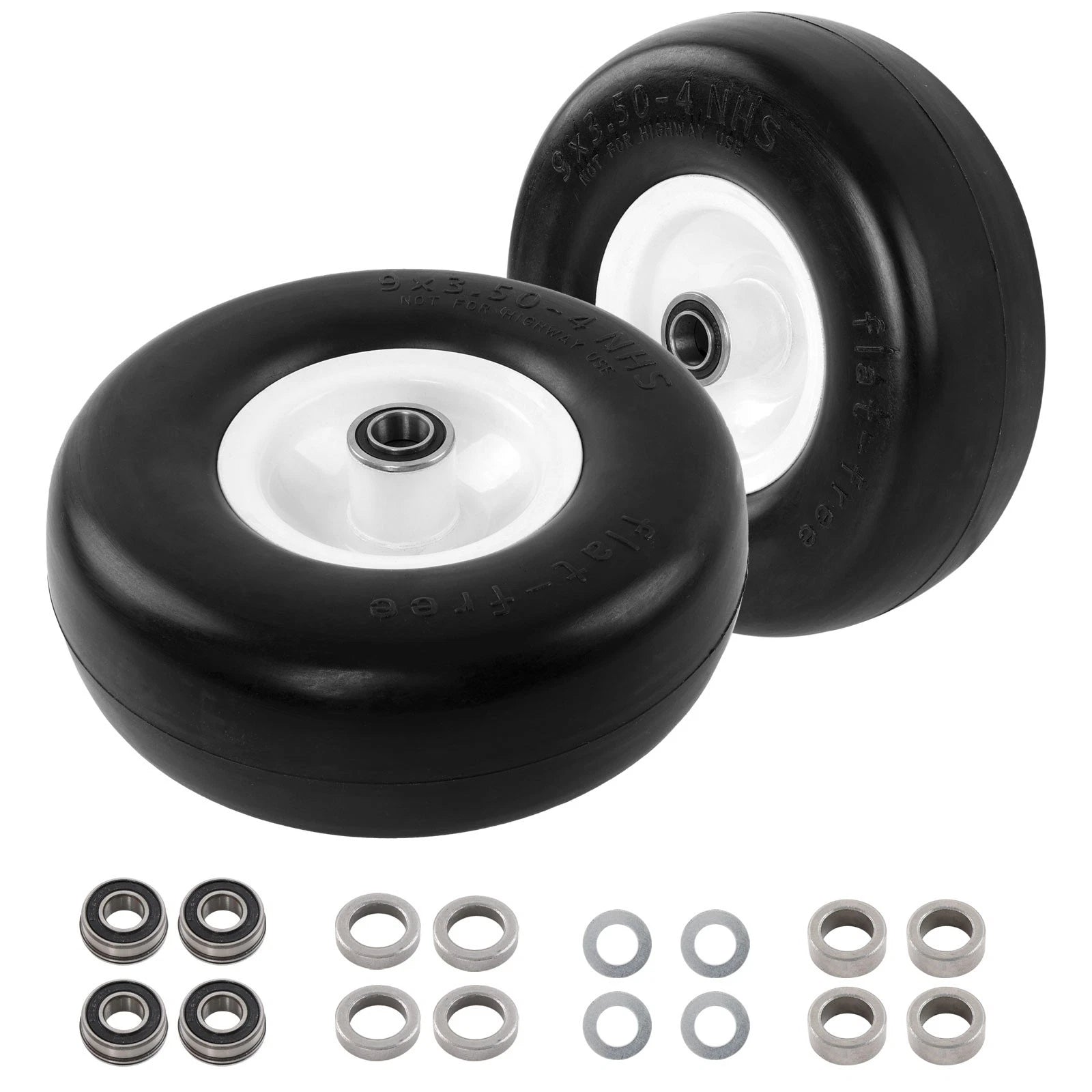 2X 9x3.50-4 Flat Free Tire Wheel Set w/ Bearings for Zero-Turn Mower