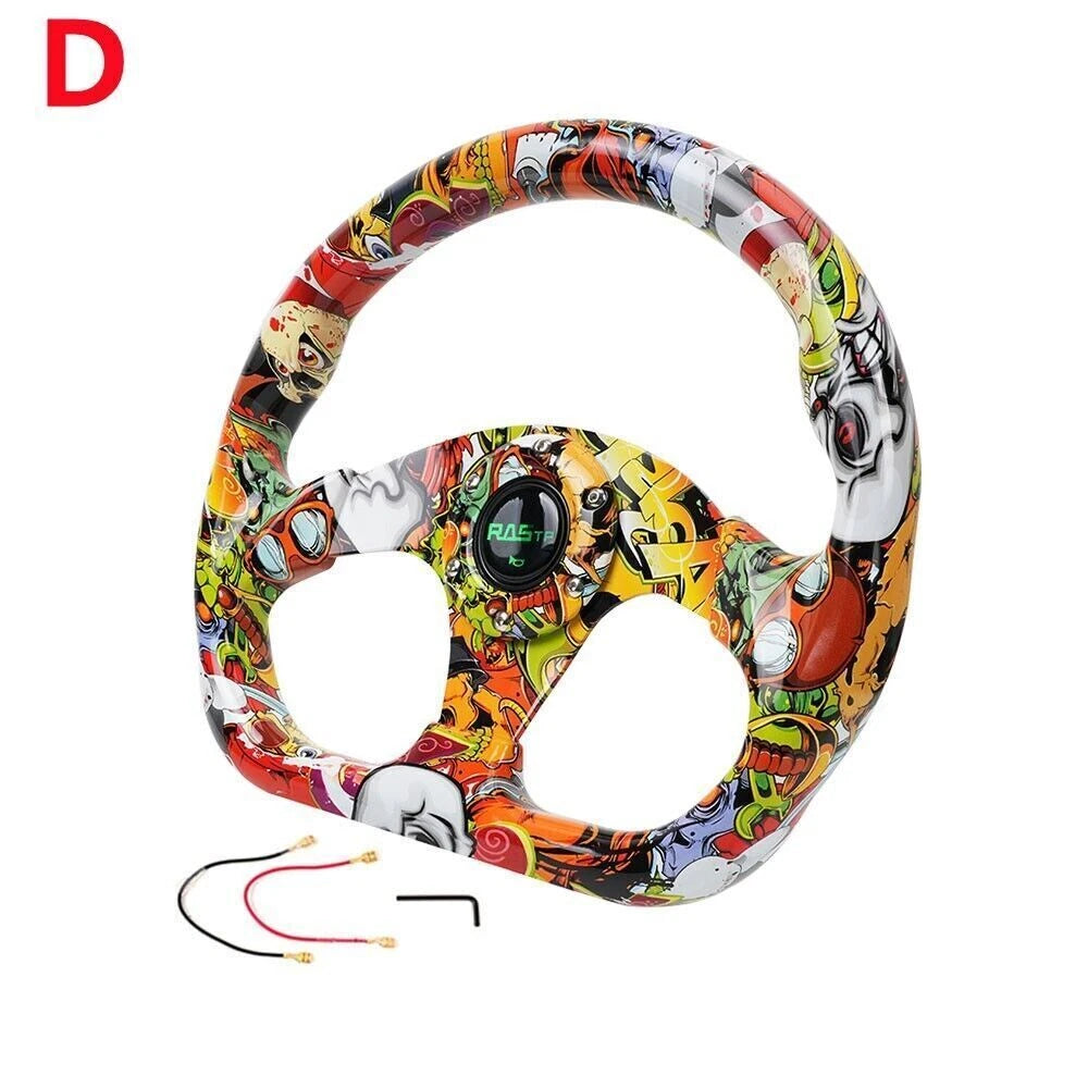 13" Racing Graffiti Pattern Flat Steering Wheel for Universal Fit