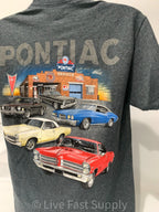 Licensed Pontiac T-Shirt Gray with Multiple Cars Service Station Scene (2000–2006)
