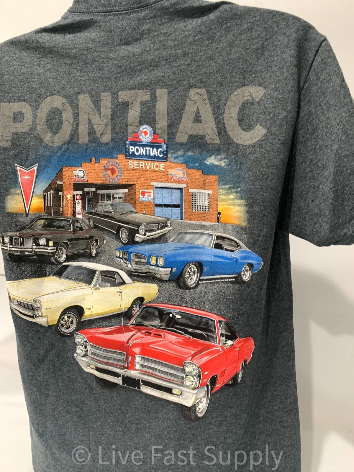 Licensed Pontiac T-Shirt Gray with Multiple Cars Service Station Scene (2000–2006)