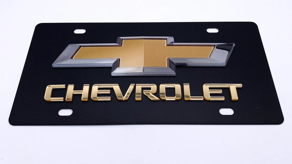 3D Premium Chevrolet Bowtie Gold Script Logo Black License Plate for Chevy (2000–2024)