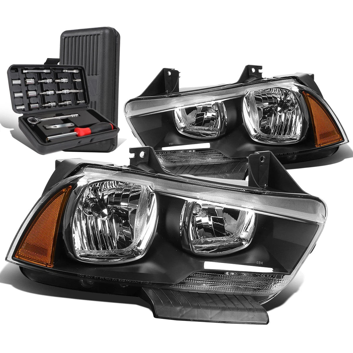 Pair of Black Housing Amber Signal Headlights for Dodge Charger (2011–2014)