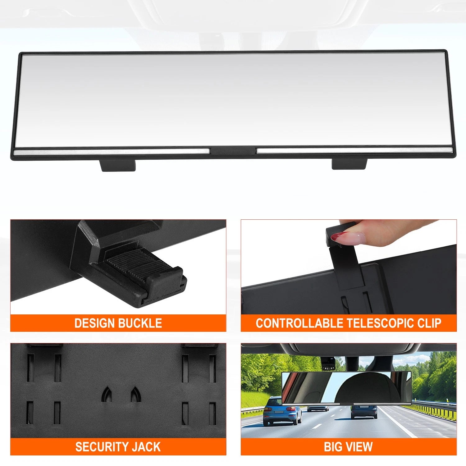 11" Universal Clip On Flat Panoramic Wide Angle Rear View Mirror