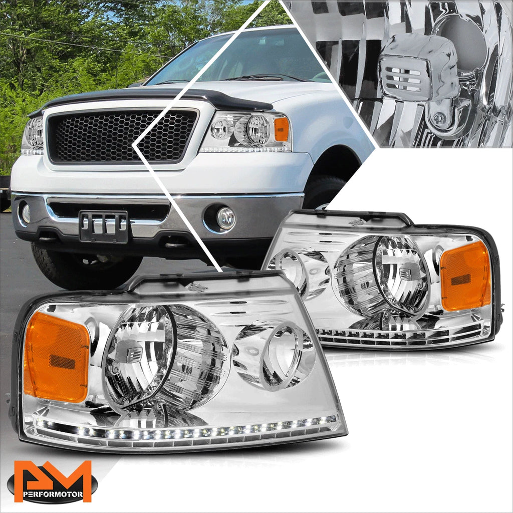 LED DRL Strip Headlight for Ford F150 (2004–2008) Chrome Housing Amber Corner