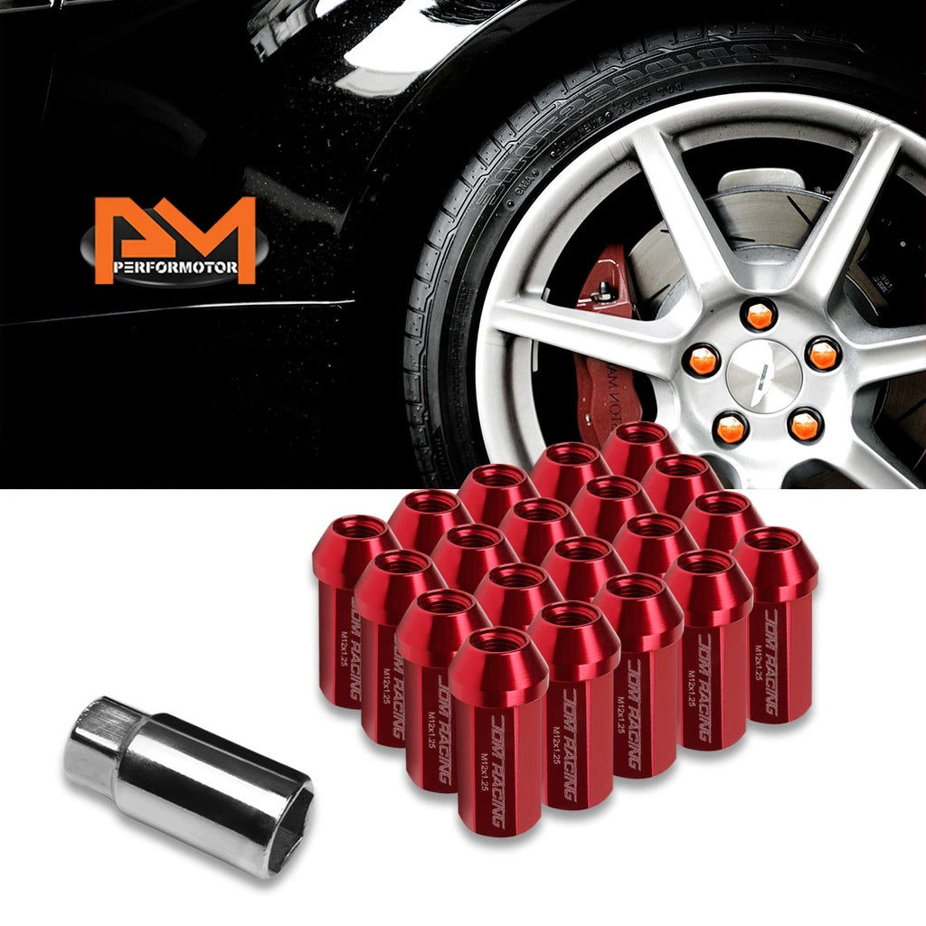 Set of 20 M12X1.25 Red Closed End Cone Hex Wheel Lug Nuts + 25mm Extension