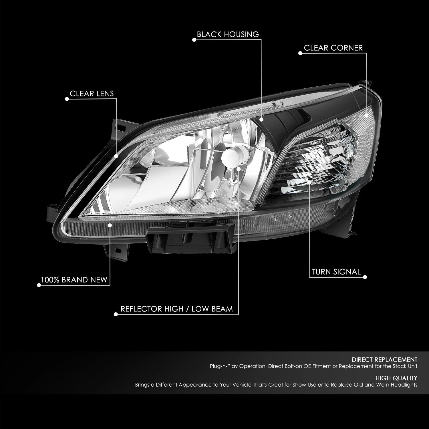 Headlight Assembly for Nissan NV200 (2013–2021) Black Housing Clear Corner