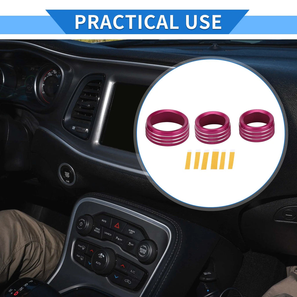 3X AC Media Tune Switch Knob Cover Ring for Dodge Challenger (2015–2019) Rose Red
