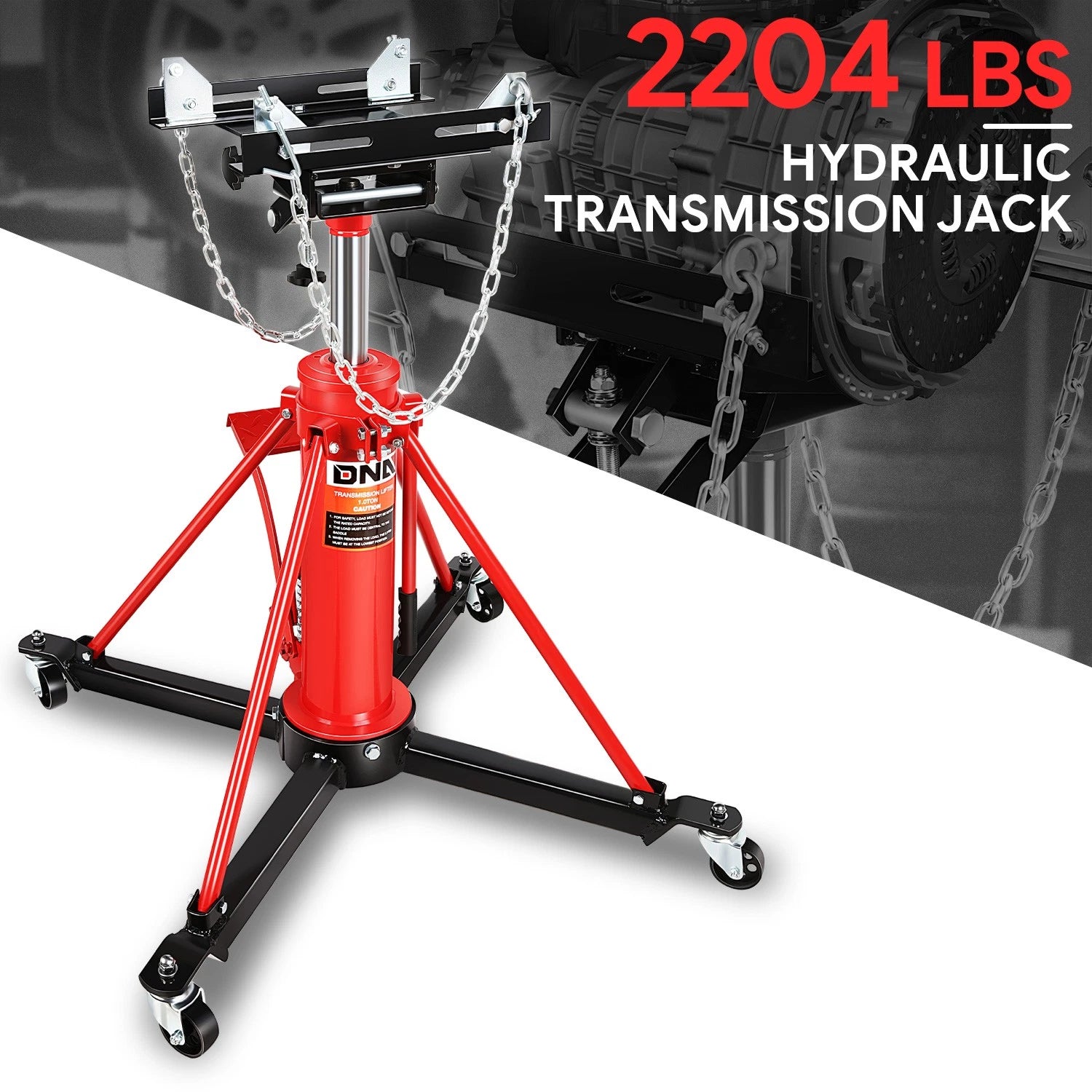 Transmission Jack for Universal Use (2204 lbs, Steel, Hydraulic, Swivel Wheels)