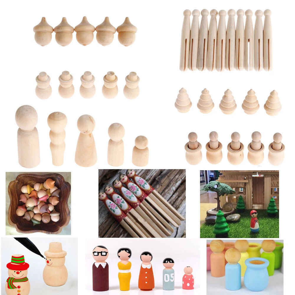 Set of 4 Unfinished Wooden Peg Dolls for Kids Christmas Gift
